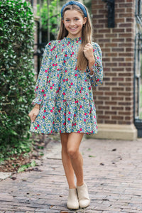 Girls: All About It Green Ditsy Floral Babydoll Dress