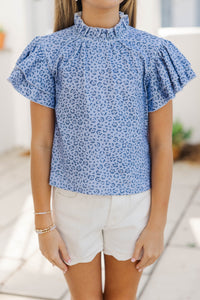 Girls: On My Heart Blue Leopard Cotton Blouse