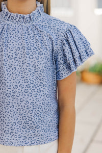 Girls: On My Heart Blue Leopard Cotton Blouse