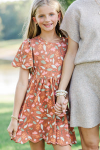 Girls: Time Goes By Brown Floral Pima Cotton Scalloped Dress