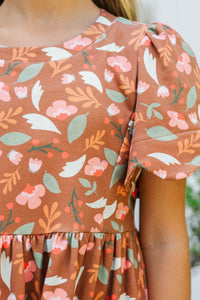 Girls: Time Goes By Brown Floral Pima Cotton Scalloped Dress