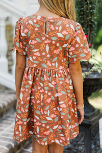 Girls: Time Goes By Brown Floral Pima Cotton Scalloped Dress