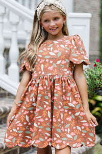 Girls: Time Goes By Brown Floral Pima Cotton Scalloped Dress