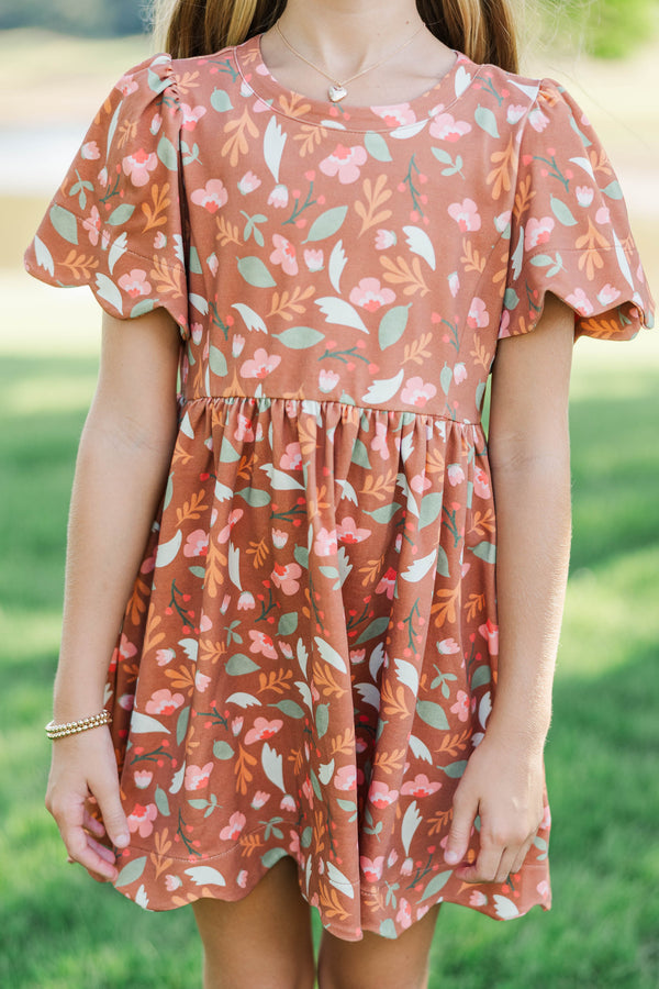 Girls: Time Goes By Brown Floral Pima Cotton Scalloped Dress