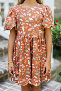 Girls: Time Goes By Brown Floral Pima Cotton Scalloped Dress