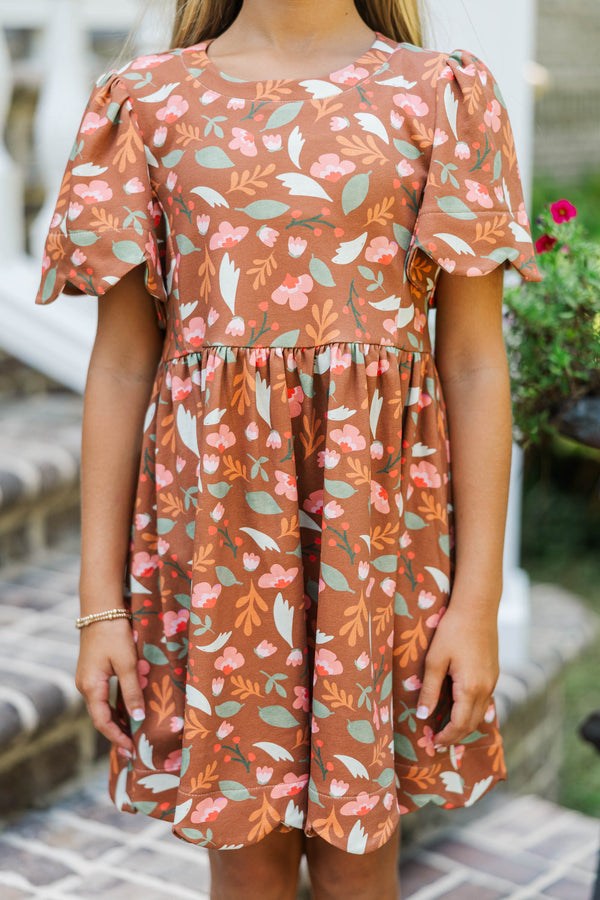 Girls: Time Goes By Brown Floral Pima Cotton Scalloped Dress