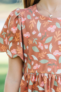 Girls: Time Goes By Brown Floral Pima Cotton Scalloped Dress