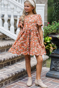 Girls: Time Goes By Brown Floral Pima Cotton Scalloped Dress