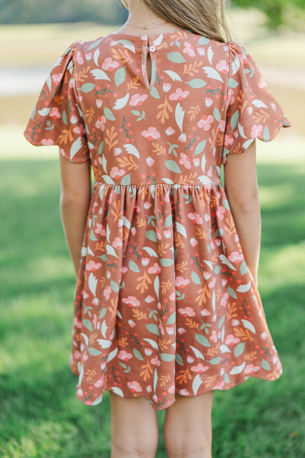 Girls: Time Goes By Brown Floral Pima Cotton Scalloped Dress