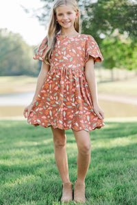 Girls: Time Goes By Brown Floral Pima Cotton Scalloped Dress