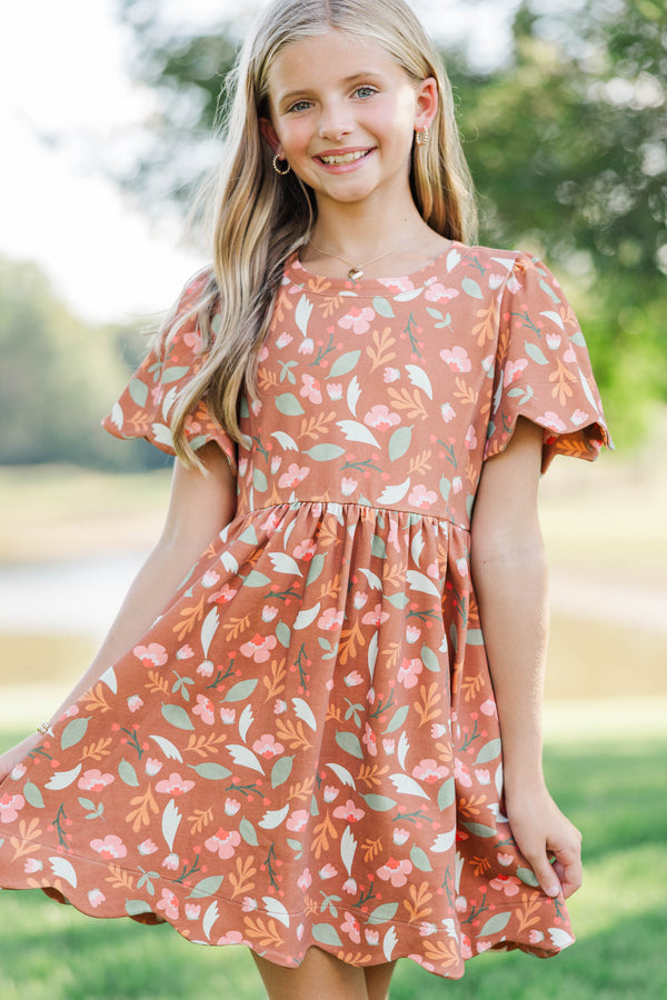Girls: Time Goes By Brown Floral Pima Cotton Scalloped Dress