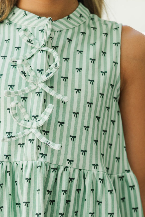 Girls: Threaded With Charm Green Bow Print Dress