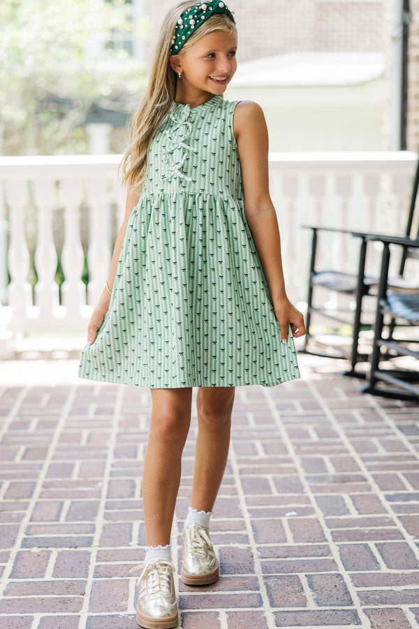 Girls: Threaded With Charm Green Bow Print Dress