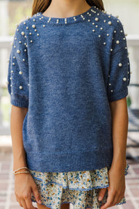 Girls: Tell Your Story Denim Blue Embellished Sweater