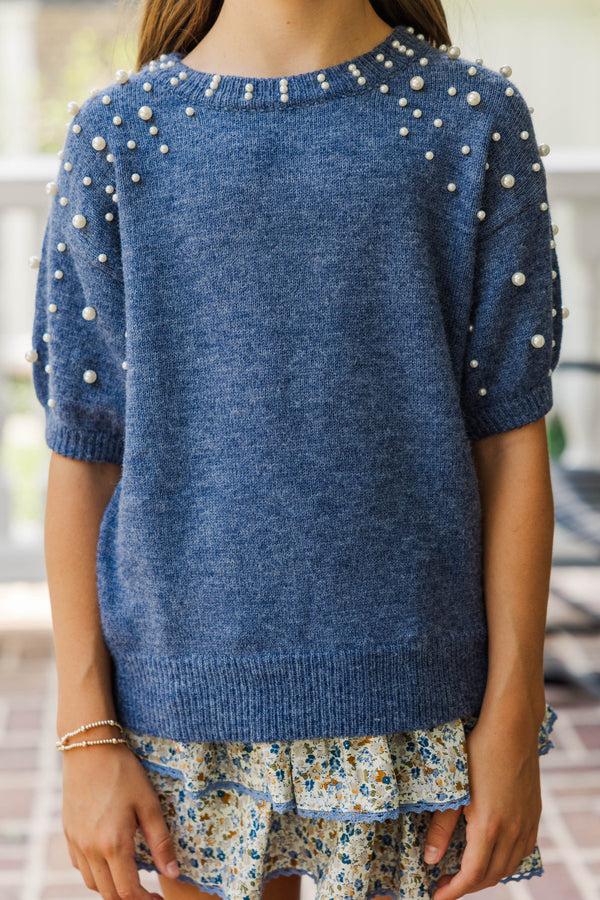 Girls: Tell Your Story Denim Blue Embellished Sweater