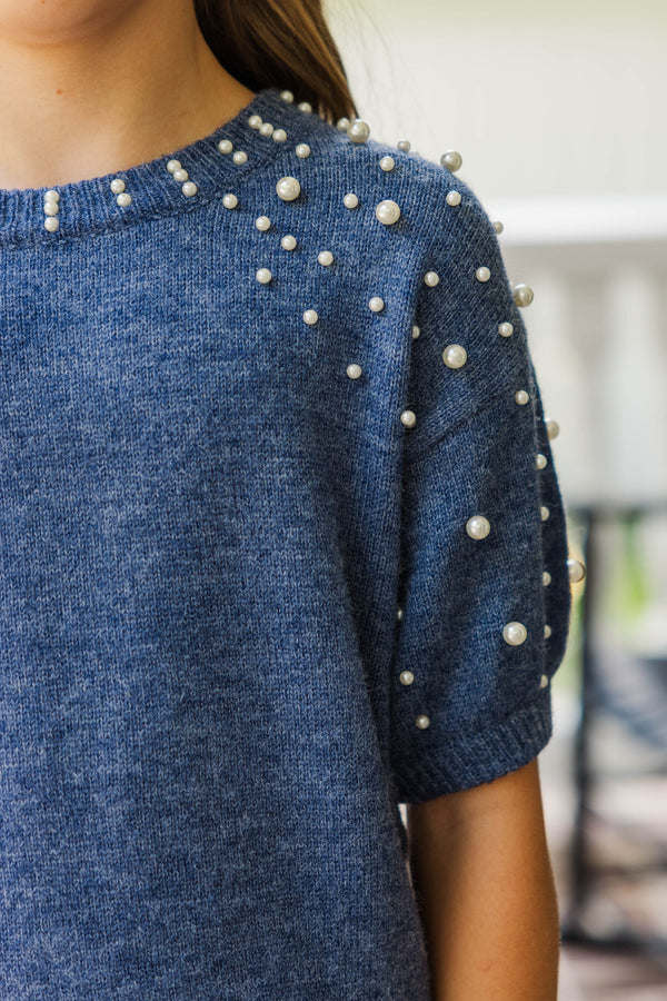 Girls: Tell Your Story Denim Blue Embellished Sweater