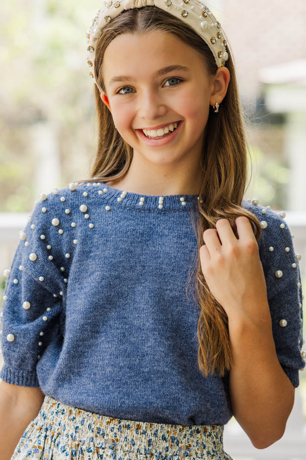 Girls: Tell Your Story Denim Blue Embellished Sweater