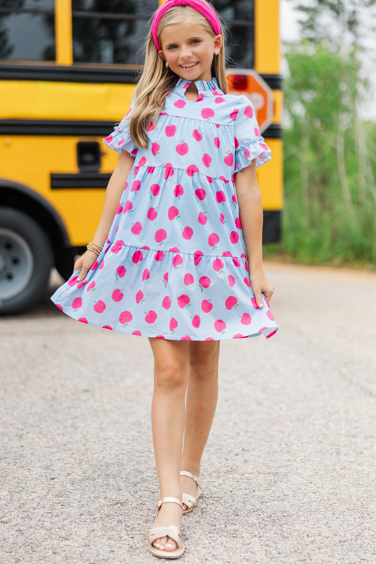 Girls: On Your Way Light Blue Apple Babydoll Dress, (10/12) - The Mint Julep Boutique