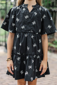 Girls: The Stephanie Black Bow Pattern Babydoll Dress