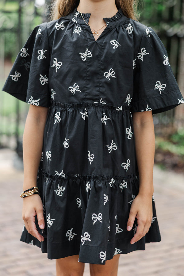 Girls: The Stephanie Black Bow Pattern Babydoll Dress