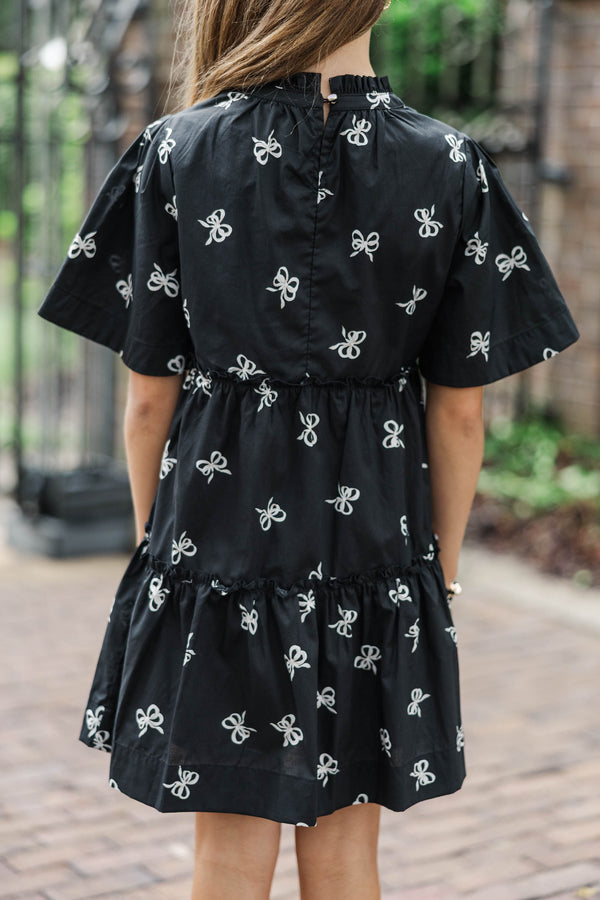 Girls: The Stephanie Black Bow Pattern Babydoll Dress