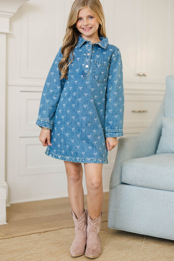 Girls: Sweet As Can Be Denim Bow Print Dress
