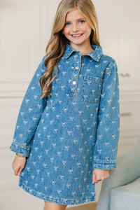 Girls: Sweet As Can Be Denim Bow Print Dress