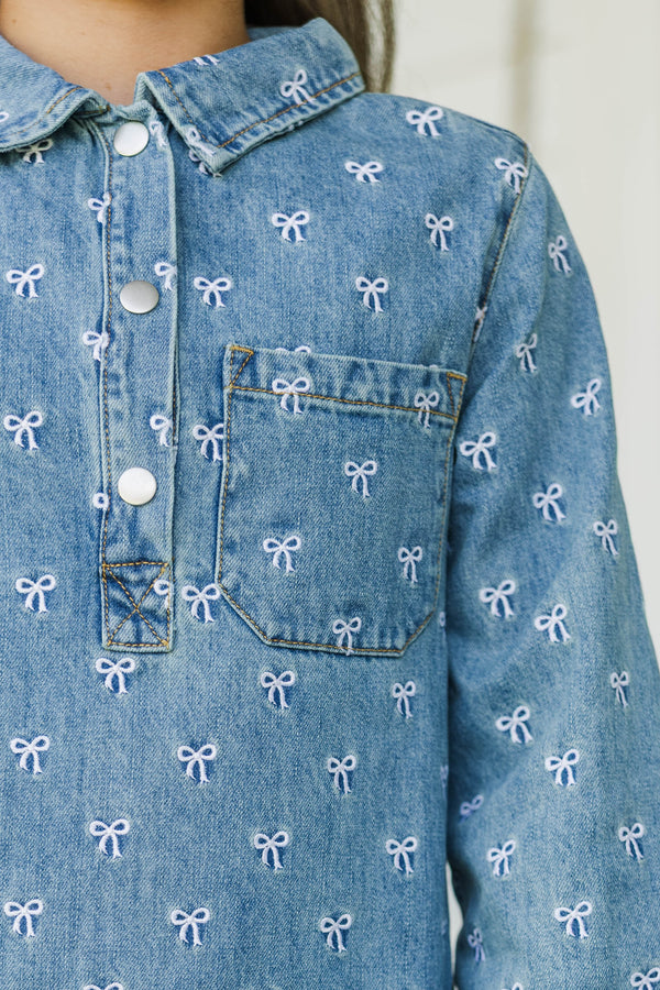 Girls: Sweet As Can Be Denim Bow Print Dress