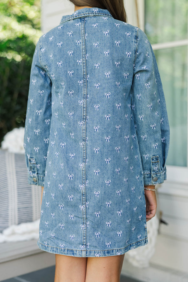 Girls: Sweet As Can Be Denim Bow Print Dress