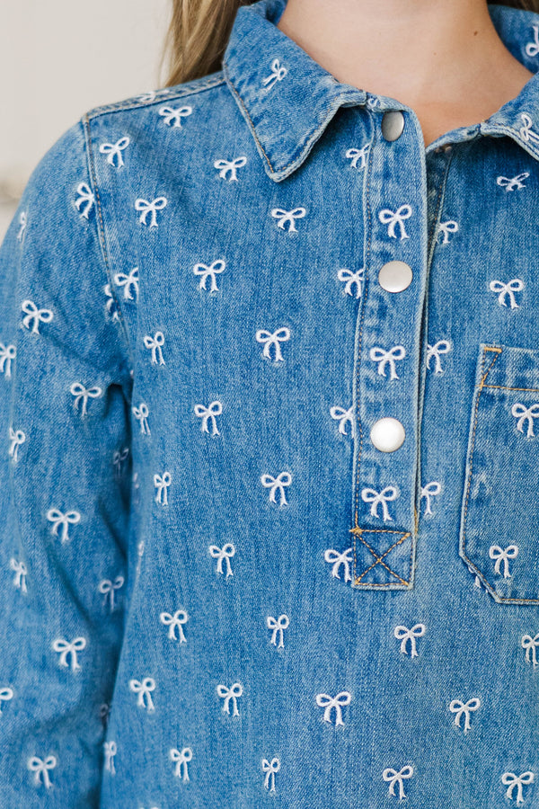 Girls: Sweet As Can Be Denim Bow Print Dress