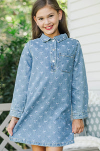 Girls: Sweet As Can Be Denim Bow Print Dress