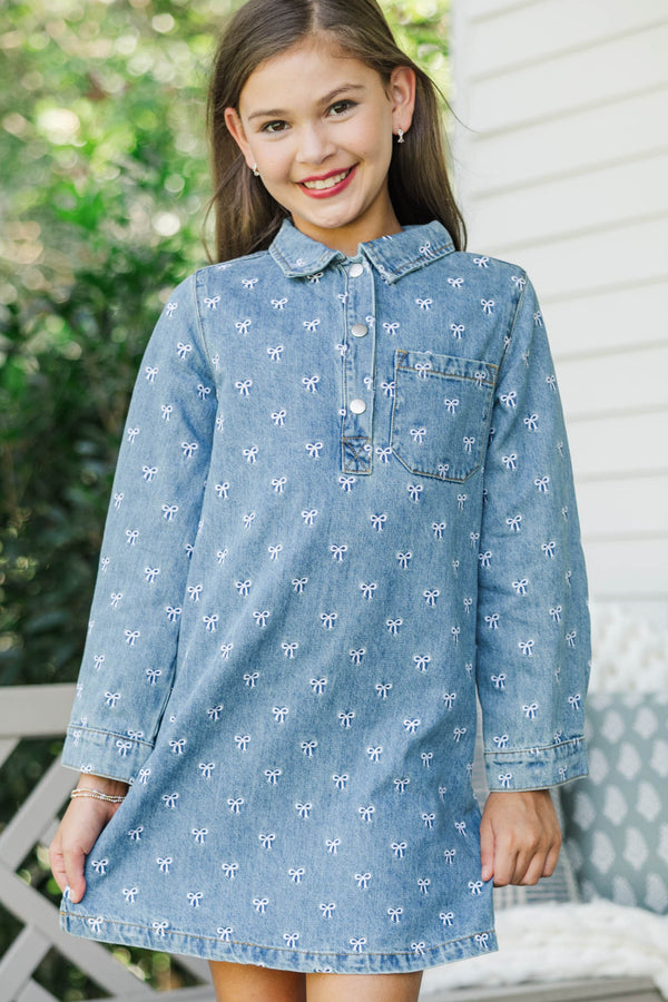 Girls: Sweet As Can Be Denim Bow Print Dress