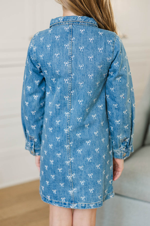 Girls: Sweet As Can Be Denim Bow Print Dress