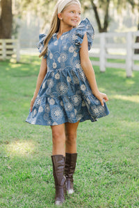 Girls: At This Time Blue Floral Print Dress