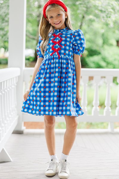 Girls: The Audrey Blue Apple Gingham Dress Shop the Mint Girls: The Audrey Blue Apple Gingham Dress Shop the Mint