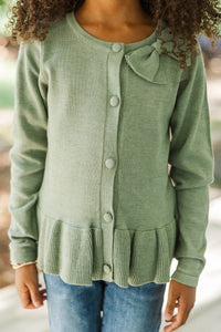 Girls: Lucky As Can Be Olive Bow Cardigan