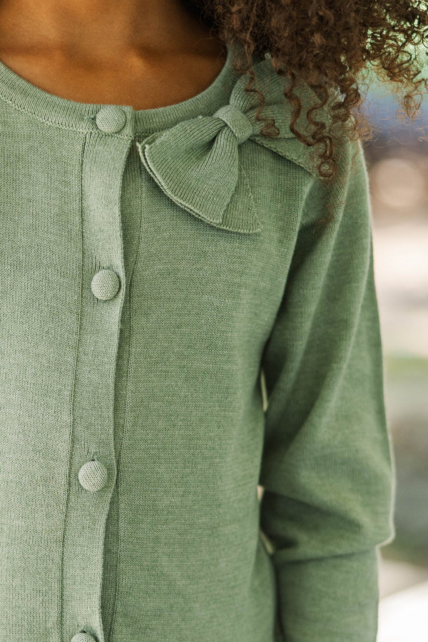 Girls: Lucky As Can Be Olive Bow Cardigan