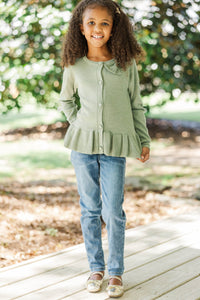 Girls: Lucky As Can Be Olive Bow Cardigan