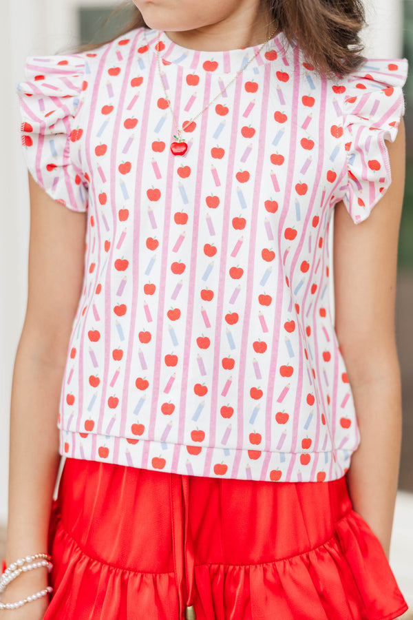 Girls: Through The Days White Pencil & Apple Pima Cotton Top