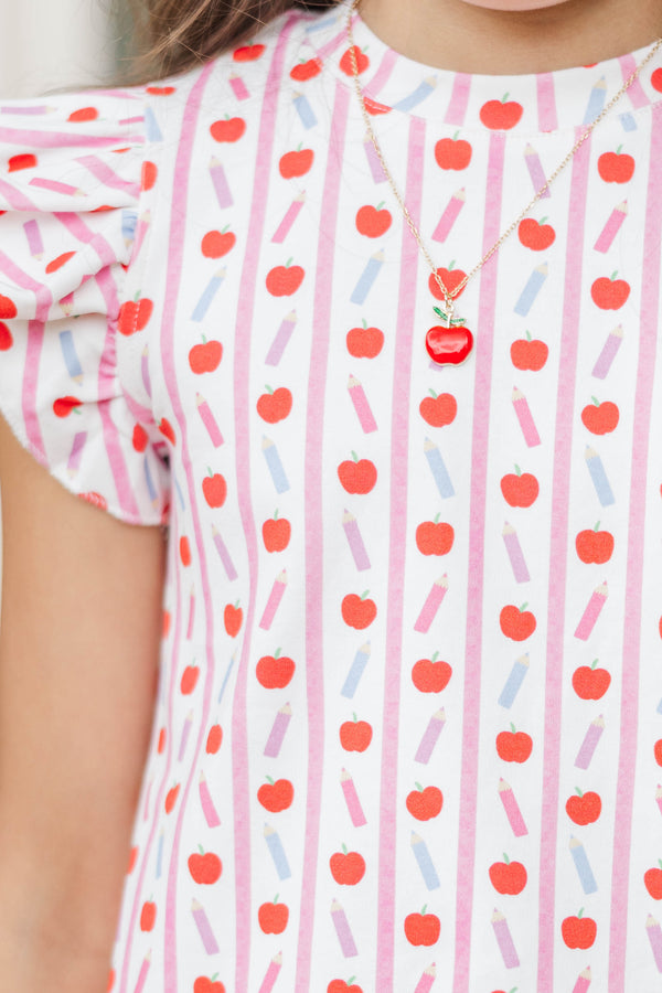 Girls: Through The Days White Pencil & Apple Pima Cotton Top