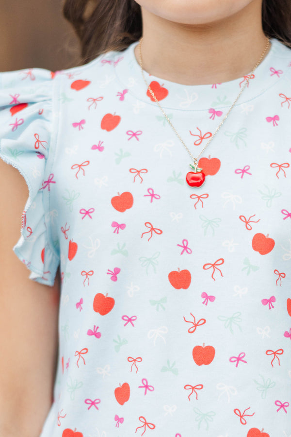 Girls: Through The Days Light Blue Bows & Apples Pima Cotton Top