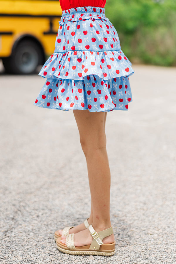 Girls: Take The Leap Light Blue Bows & Apples Skort