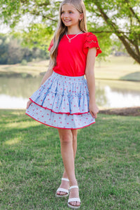 Girls: The Brena Light Blue Gingham & Bows Skort