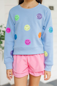 Girls: The Josie Light Blue Sequin Smiley Face Sweatshirt