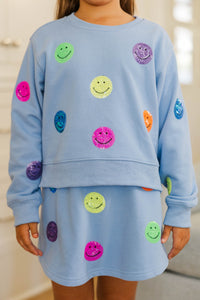Girls: The Josie Light Blue Sequin Smiley Face Sweatshirt