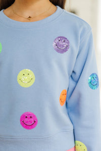 Girls: The Josie Light Blue Sequin Smiley Face Sweatshirt