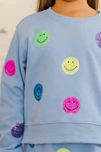 Girls: The Josie Light Blue Sequin Smiley Face Sweatshirt