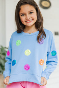 Girls: The Josie Light Blue Sequin Smiley Face Sweatshirt