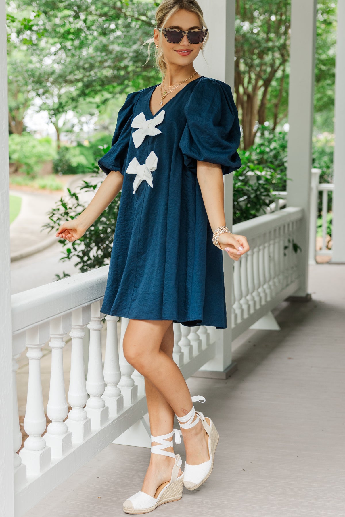 Bow Boho Dress Navy Blue