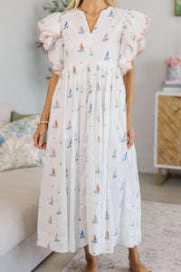 NURSING COLLECTION: Closer Than Ever White Sailboat Midi Dress